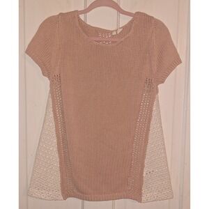 Anthropologie Moth Pink Knit Eyelet Lace Mixed Media Sweater Top XS Short Sleeve